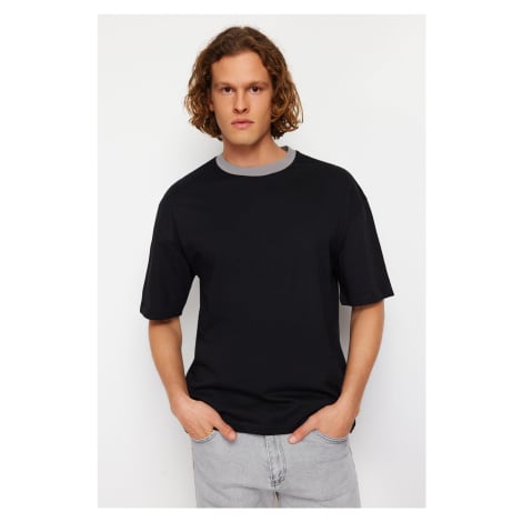 Trendyol Black Oversize/Wide Cut Mystic Print Contrast Collar Ribbed 100% Cotton T-Shirt