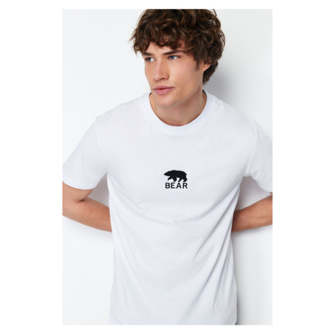 Trendyol White Regular/Regular Cut Bear/Animal Embroidery 100% Cotton Short Sleeve T-Shirt