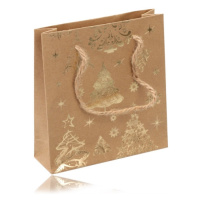 Dárková taška z papíru - hnědozlaté barvy, vánoční motiv, šňůrky