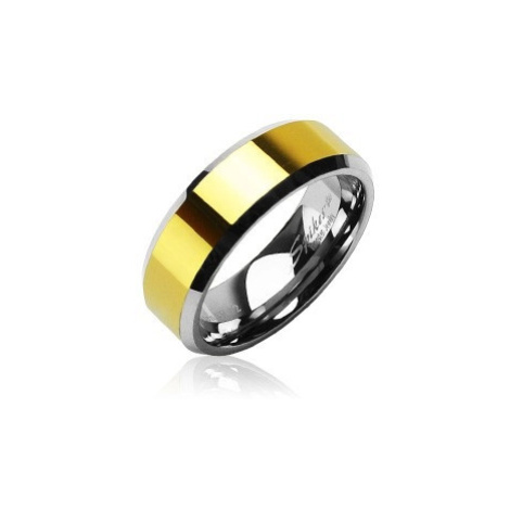 Wolframový prsten se zkosenými hranami a středovým pásem ve zlaté barvě, 8 mm Šperky eshop