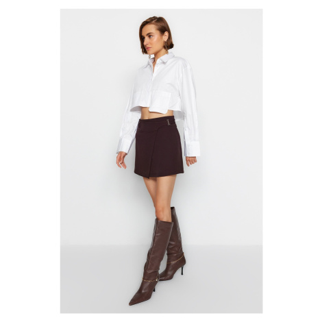 Trendyol Dark Brown Belted High Waist Mini Weave Mini Skirt