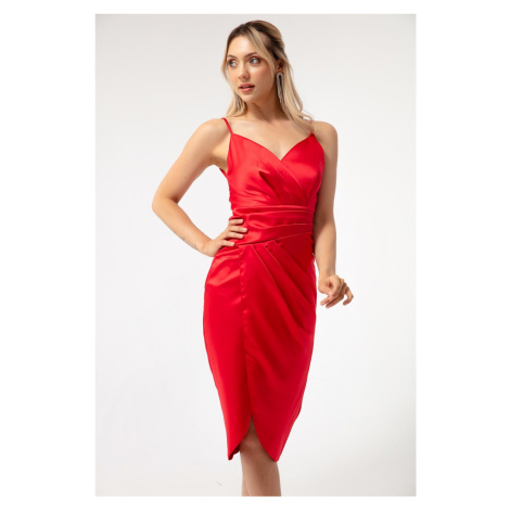 Lafaba Dámské červené dvouřadé štěrbinové midi saténové večerní šaty