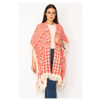 Şans Women's Plus Size Red Shawl Pattern Thick Knitwear Poncho With Tassel And Shimmer Detail