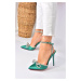 Fox Shoes Women's Heeled Shoes with Green Satin Fabric and Stones