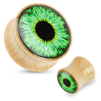 Plug do ucha ze dřeva - světle hnědá barva, průhledná glazura, zelené oko - Tloušťka : 16 mm