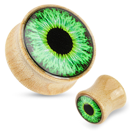 Plug do ucha ze dřeva - světle hnědá barva, průhledná glazura, zelené oko - Tloušťka : 16 mm Šperky eshop