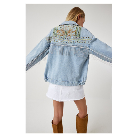 Happiness İstanbul Women's Light Blue Chain And Embroidery Detail Denim Jacket