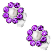 Stříbrné náušnice 925, perlička, fialové krystalky Preciosa - kvítek