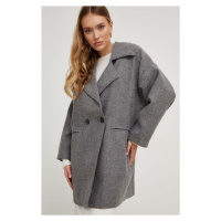 Kabát s vlnou Answear Lab šedá barva, přechodný, dvouřadový