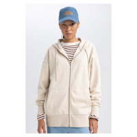 DEFACTO Oversize Wide Pattern Hooded Pocket Basic Plain Zippered Sweatshirt