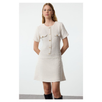 Trendyol Ecru A-Line Button Detailed Mini Tweed Woven Dress