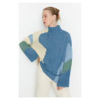 Trendyol Blue Soft Textured Color Block Wide Fit Knitwear Sweater