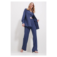 Trend Alaçatı Stili Women's Indigo Blue Crop Undershirt Shirt And Trousers Suit