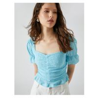 Koton Embroidered T-Shirt Sweetheart Neck Balloon Sleeves Frilly