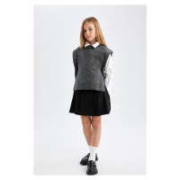 DEFACTO Girl Black Basic Buttoned Pleated Twill School Skirt