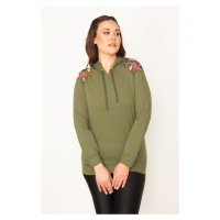 Şans Women's Plus Size Khaki Sequin Detail Hooded Sweatshirt