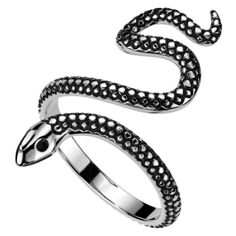 Otevřený prsten z nerezové oceli - motiv hada, stříbrná barva s patinou Šperky eshop