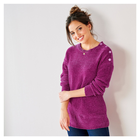 Blancheporte Žinylkový pulovr s knoflíkovým zdobením purpurová
