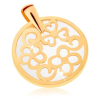 Přívěsek ze žlutého 9K zlata - kontura kruhu s ornamenty, perleťový podklad