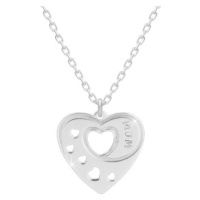 Stříbrný 925 náhrdelník - pravidelné srdce se srdíčkovými výřezy, nápis 
