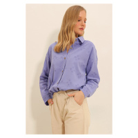 Trend Alaçatı Stili Women's Lilac Motif Oversize Linen Shirt