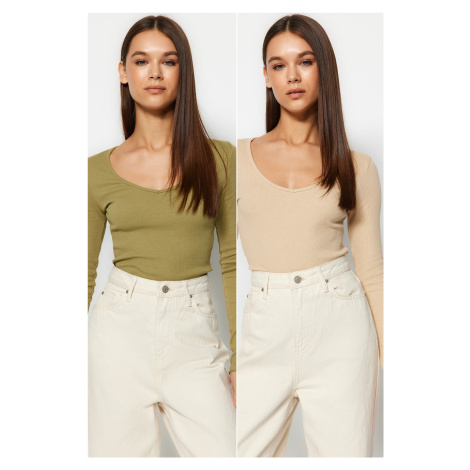 Trendyol 2-Pack Khaki-Beige V-Neck Fitted Cotton Stretch Knit Blouse