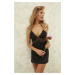 Trendyol Black Lace Detailed Rope Strap Knitted Fancy Nightdress