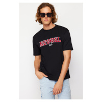 Trendyol Black Relaxed/Comfortable Cut Text Embroidery Appliqued 100% Cotton Short Sleeve T-Shir
