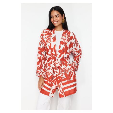 Trendyol Red Floral Patterned Kimono & Kaftan with Tie Detail and Pockets