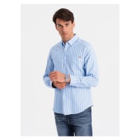 Men's REGULAR FIT shirt in white stripes with pocket - blue V2 OM-SHOS-0171