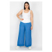 Şans Women's Plus Size Blue Corsage Belt Detailed Lined Knitted Fabric Trousers