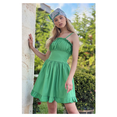 Trend Alaçatı Stili Dámské Zelené Nastavitelný Popruh Volánky Detailní Popelín Tkané šaty