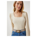 Happiness İstanbul Women's Light Cream Square Neck Textured Knitted Blouse