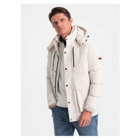 Krémová pánská prošívaná zimní bunda s kapucí Ombre Clothing