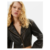 Koton Crop Faux Leather Jacket Worn Look Reverse Double Breasted Collar Long Sleeve
