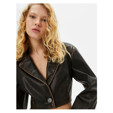 Koton Crop Faux Leather Jacket Vintage Look Reverse Double Breasted Collar Long Sleeve