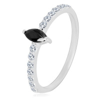 Stříbrný 925 prsten - úzká ramena, zirkonové zrnko černé barvy, čiré zirkonky