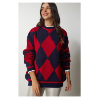 Happiness İstanbul Women's Red Diamond Pattern Oversized Knitwear Sweater