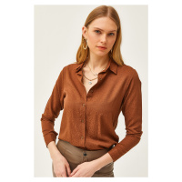 Olalook Women's Leopard Brown Jacquard Satin Detailed Woven Shirt