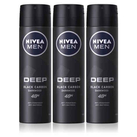 NIVEA MEN Deep Black Carbon Darkwood antiperspirant ve spreji 3 x 150 ml(výhodné balení) pro muž