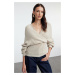 Trendyol Stone Double Breasted Lace Garnished Knitwear Sweater