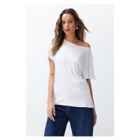 Trendyol White Plain Relaxed Boat Neck Low Sleeve Knitted T-Shirt