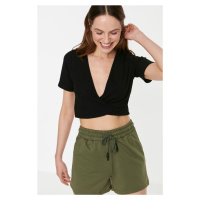 Trendyol Black Crop Knitted Blouse with Tie Detail