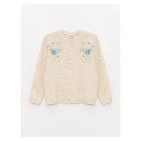 LC Waikiki Crew Neck Embroidered Long Sleeve Girl's Knitwear Cardigan