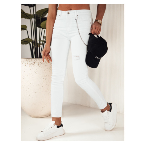 Bílé skinny džíny s oděrky a ozdobným řetízkem ALEX Bílá BASIC