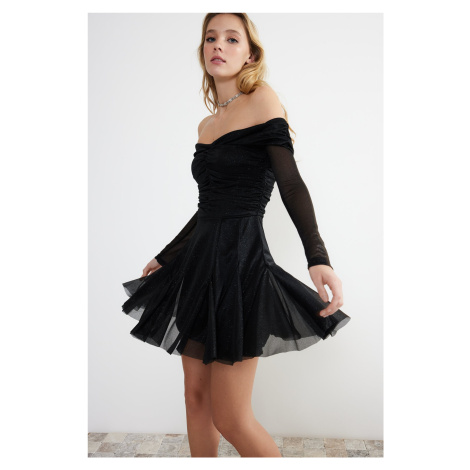 Trendyol Black Waist Drop/Skater Knitted Glittering Tulle Elegant Evening Dress