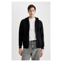 DEFACTO New Regular Fit Hooded Basic Plain Zippered Black Sweatshirt