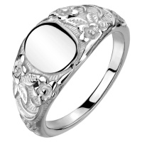 Prsten z oceli 316L - lesklý ovál, gravírované květy, stříbrná barva