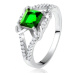 Prsten ze stříbra 925, čtvercový zelený zirkon, rozdvojená ramena, X