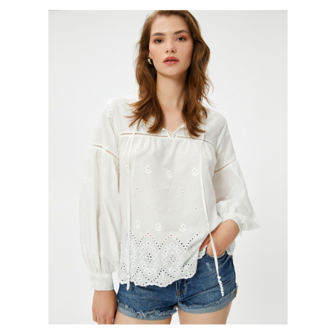 Koton Embroidered Blouse with Balloon Sleeves Window Detail